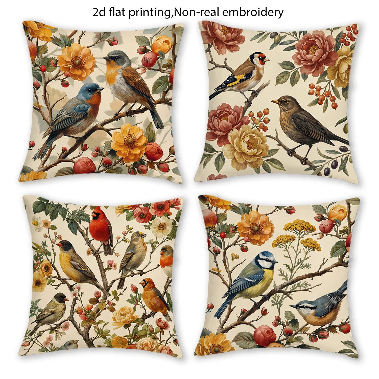 4pc Vintage Botanical Bird Print Throw Pillow Covers Set of 4  Rustic Farmhouse Outdoor Indoor Decorative Cushion Cases