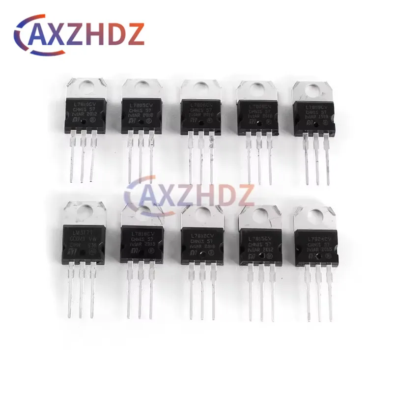 

50pcs L7805 10value TO-220 Voltage Regulator Transistor Assortment Kit LM317T L7806 L7808 L7809 L7810 L7812 L7815 L7818 L7824