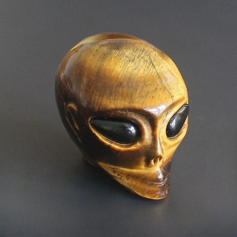 Carved gemstone Crystal gold tiger eye black obsidian Alien skull Figurine statue sculpture Carving home decor Reiki healing