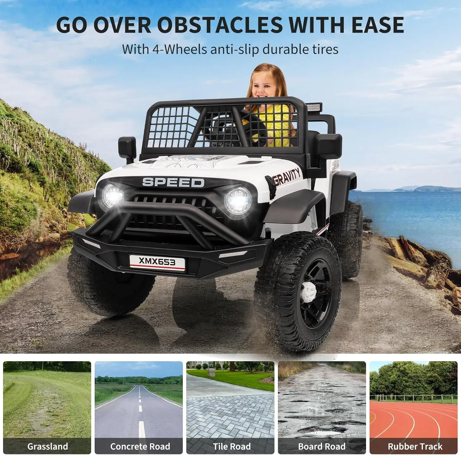 Voiture 12V, véhicules électriques pour enfants avec jouet d'équitation télécommandé avec ceinture de sécurité, 3 vitesses, lumière LED pour enfants de 3 à 6 ans