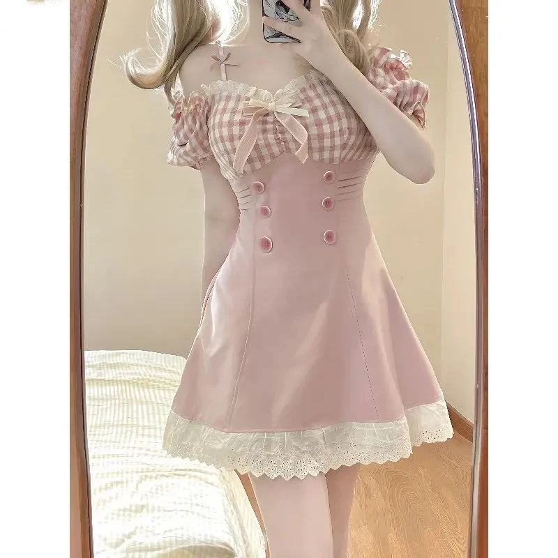 Imagem -04 - Vestido de Princesa Xadrez Rosa Feminino Sexy Slash Neck Renda Ruffle Doce Festa Mini Vestidos Estilo Japonês Fino Vestido Lolita