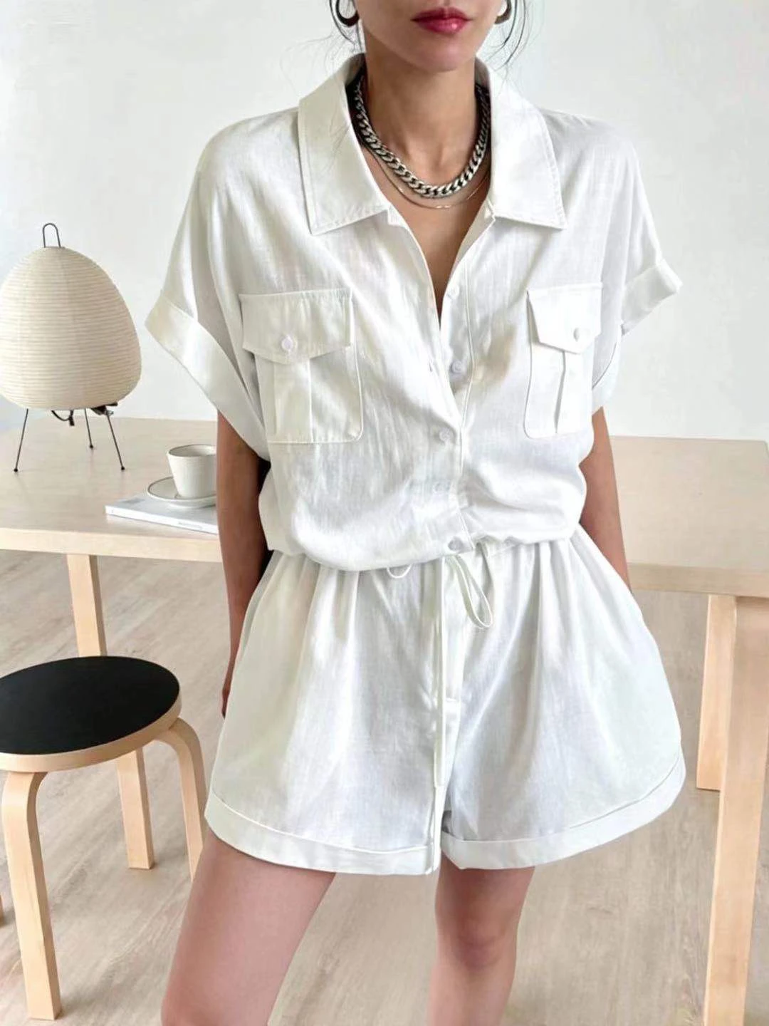 Casual Workwear Style Bib Overalls Women's Summer Slimming Drawstring High Waist Short Pants High Quality Commute Straight Leg
