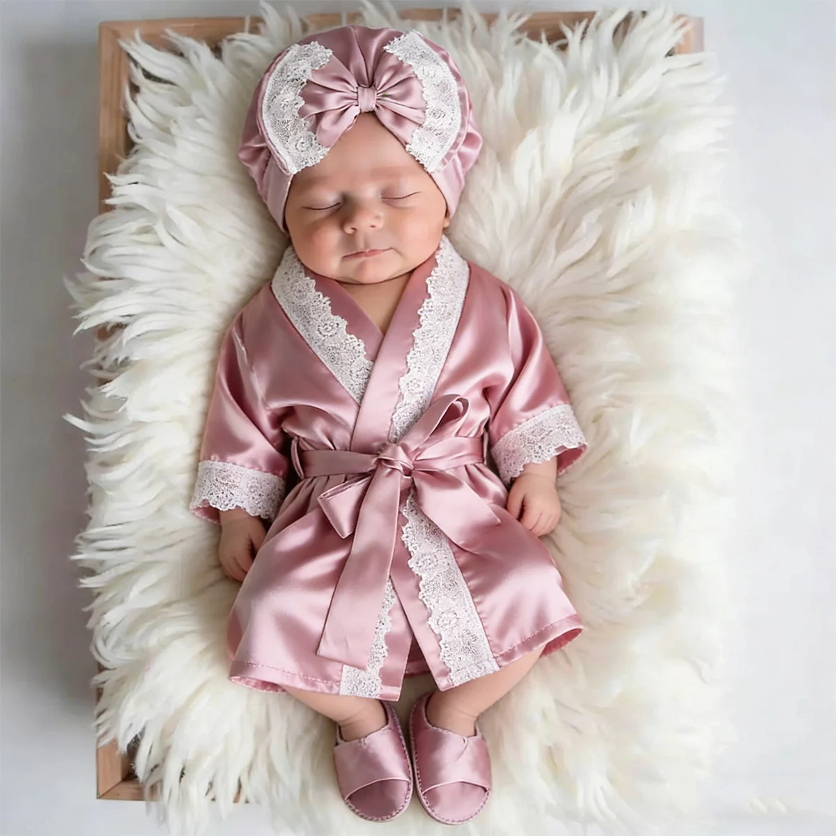 3PCS Newborn Photography Outfits Set 1 Month 100 Days Baby Girl Lace Dathrobe With Bow Turban Hat And Slippers Photo Props