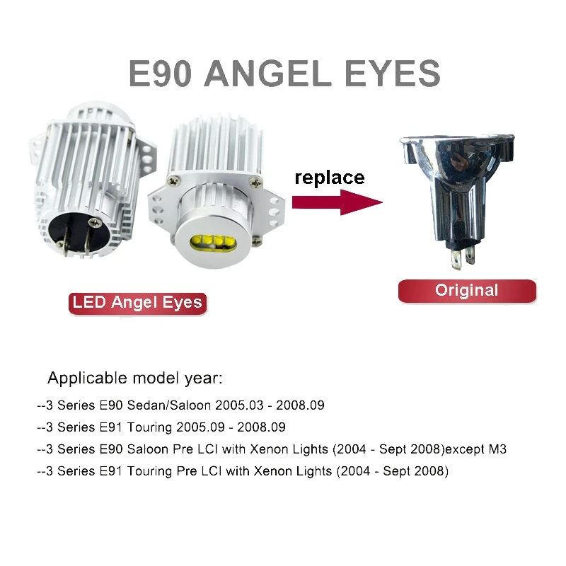AC52-2Pcs Angel Eyes Canbus 80W LED Headlight Marker Light Bulbs Error Free For -BMW E90 E91 3 Series 2005-2008 Super White