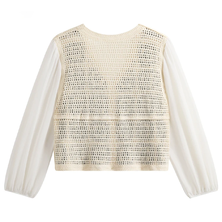 Oma-Quadrat-Häkelbluse für Damen, Puffärmel, Knopfleiste vorne, offenes Strickoberteil, Hemd, Sommer, Strand, Bohemian-Boho-Outfit