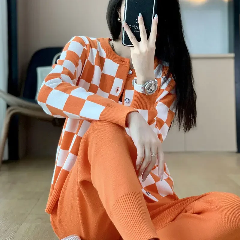 Spring Autumn Trousers Woman Sweater Orange Baggy Pant Sets for Women 2 Pieces Knitted Crochet Lattice Luxury Chic and Elegant D