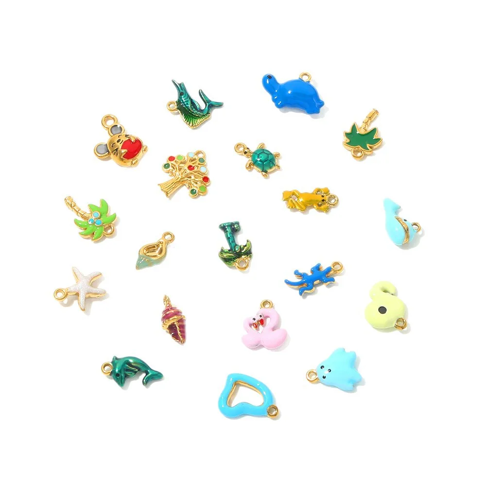 5 unids/lote colgante pequeño de acero inoxidable con diseño de caracol de mar, delfín y árbol de coco