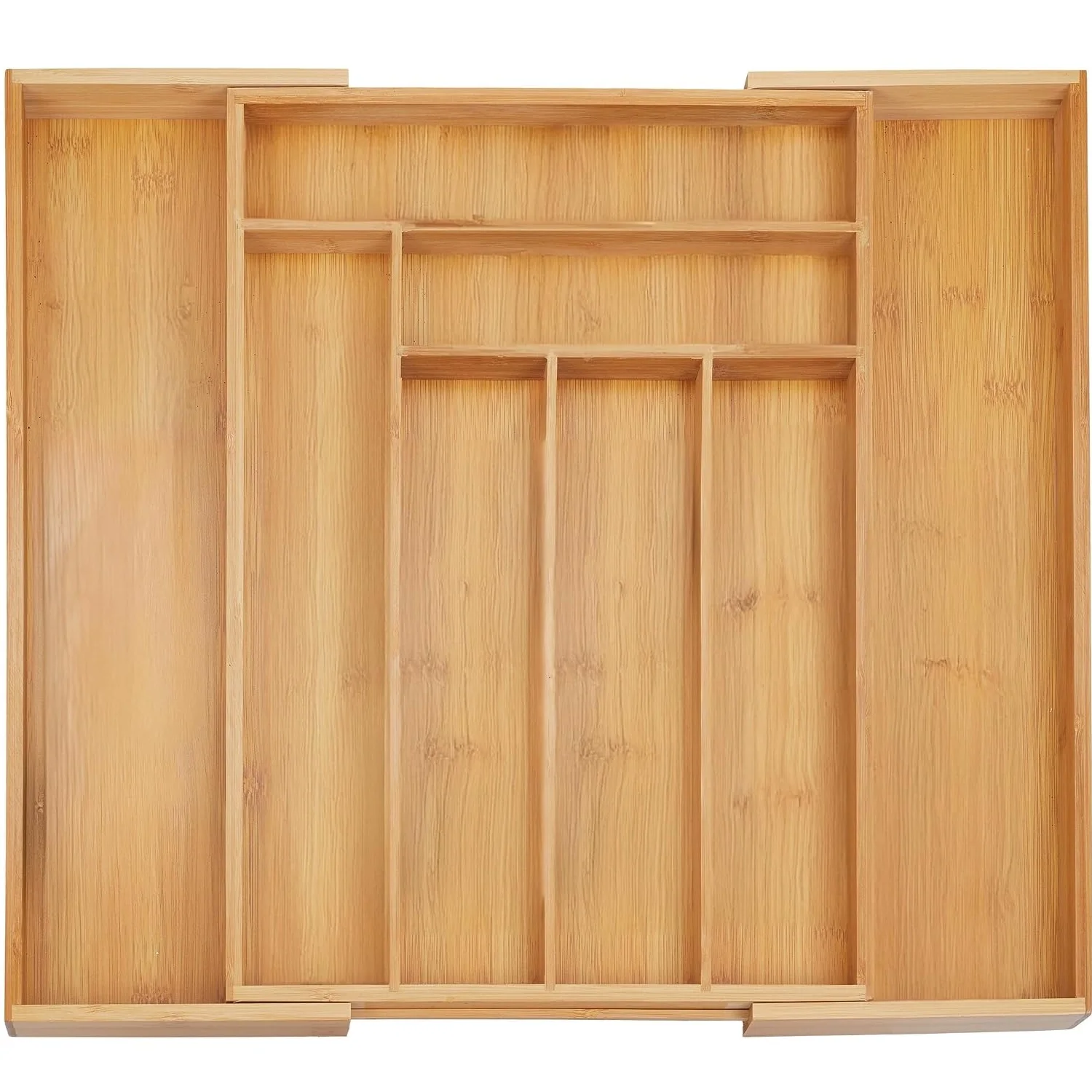 Organizer na sztućce – rozsuwany organizer do szuflady z bambusa, z 6–8 przegródkami – wymiary: 43–50 x 45 x 5 cm.