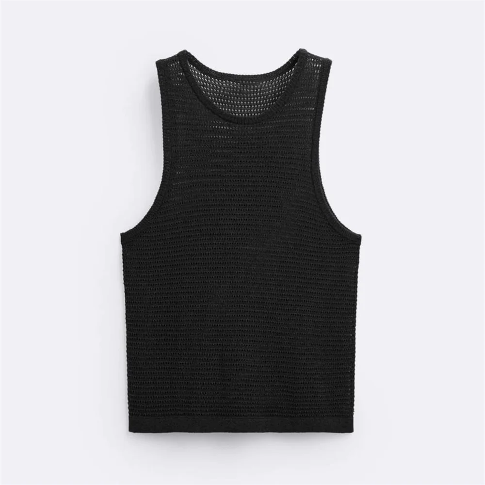 ZA2024 Autumn New Men\'s Fashion Style Loose and Versatile Cool Knitted Crochet Hook Hollow Tank Top Sleeveless T-shirt