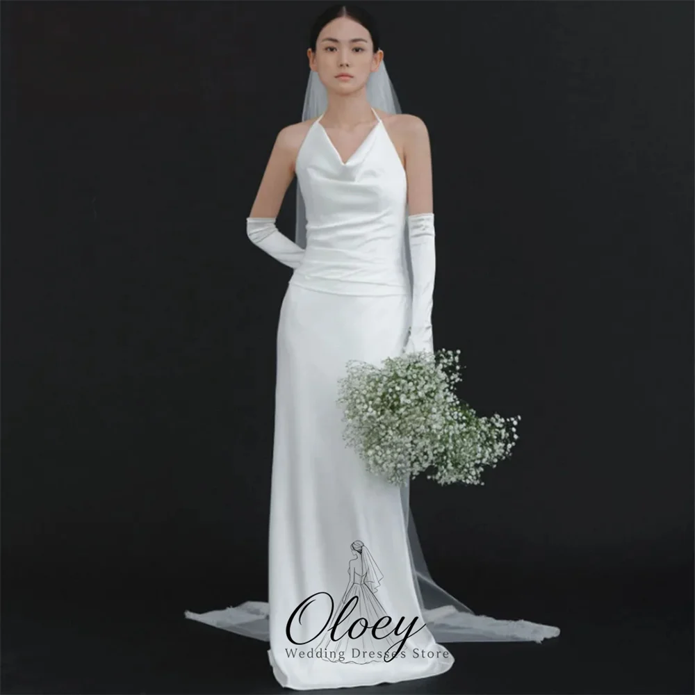 OLOEY Simple Halter Sleeveless Korea Wedding Dress Photo Shoot Satin Draped Mermaid Bridal Gown Customized Reception Dress