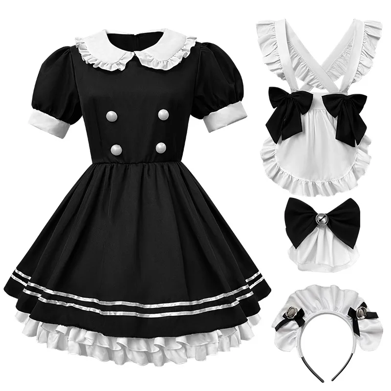 

Maid Costume Women Black Maid Dress Lovely Lolita Dresses Sexy KaWaYi Short Dress with Headdress Apron Bow S-XL anime clothes