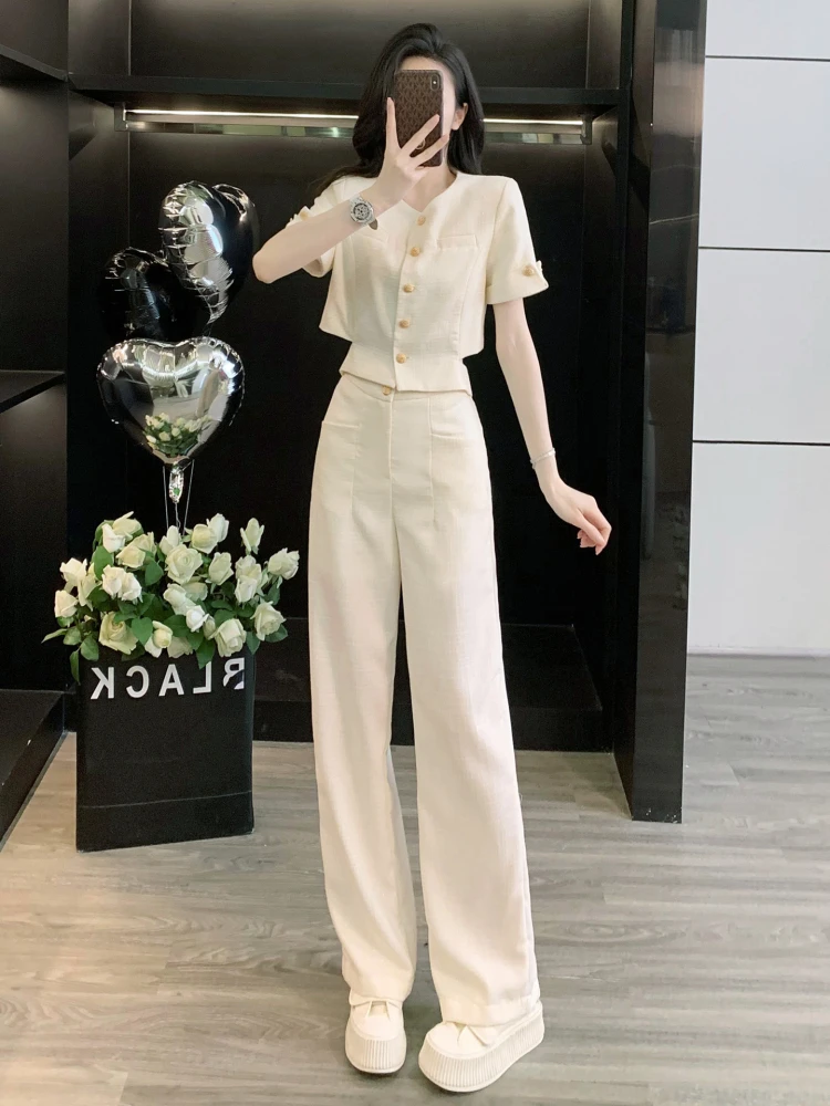 

Summer Fashionable Women's Set Short Sleeve Wide Leg Jeans Two-Piece Suit Elegant Quality Beige Cotton V-Neck Online Exclusive