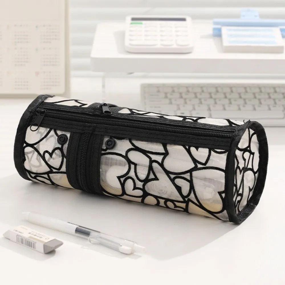 Portable Large Capacity Mesh Pencil Case Multifunctional Love Pencil Pouch Transparent