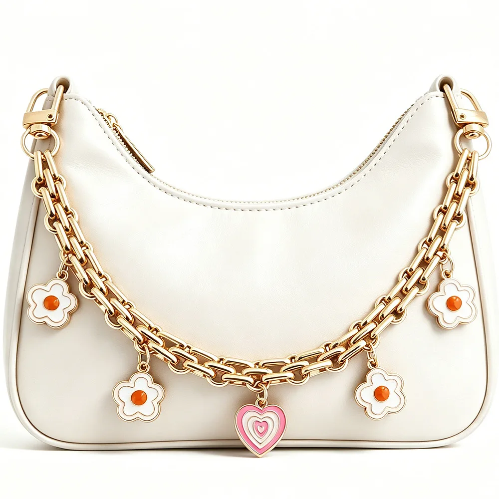 Y2K Flower Heart Charm Bag Chain Gold Metal Double Layer Decorative Chain for Handbag Purse Aesthetic Bag Accessories Gift