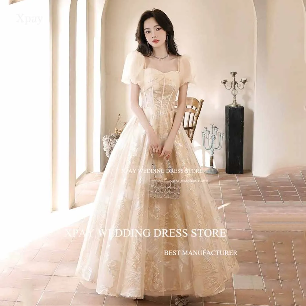 XPAY Sweetheart Print Gold Lace Evening Dresses For Korea Women Short Sleeve Formal Prom Gown Photo Shoot Fairy Party Dress