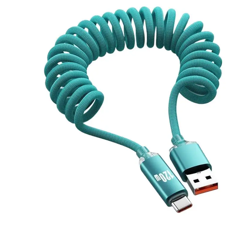 High Power 120W Telescopic Spring Car Charger Wire Dual Port USB A & Type C Fast Charge Cable For Mobile Travel Office Use
