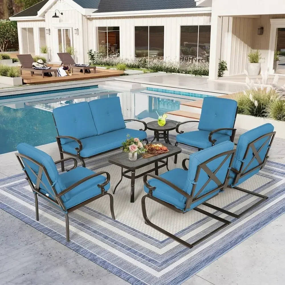 7-Piece Metal Patio Furniture Set: Loveseat, Coffee Table, Bistro Table, 2 Spring Chairs, 2 Dining Chairs - Wrought Iron with Cu