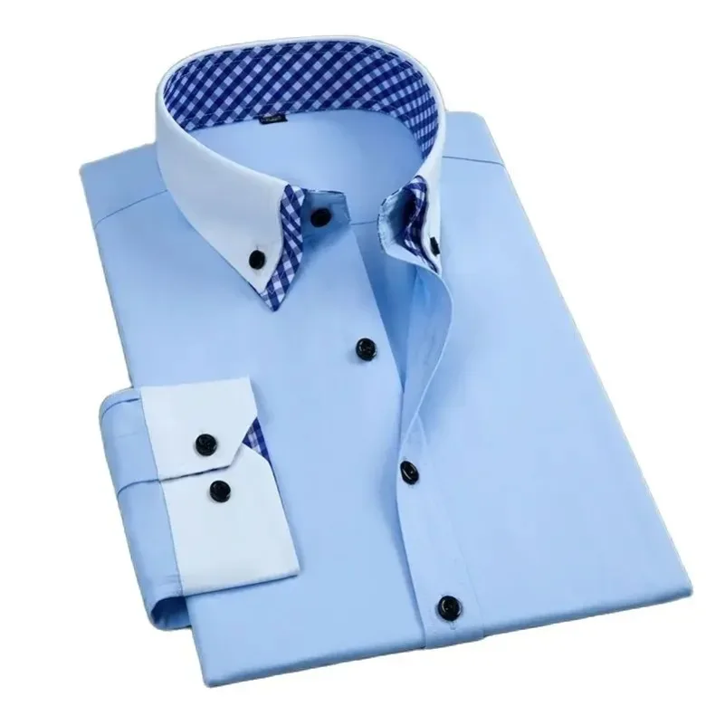 Men's Double Layer Business Shirt Long Sleeve Non Iron Fashion Formal Regular Fit Office Camisa Social Solid Button Dress Shirts