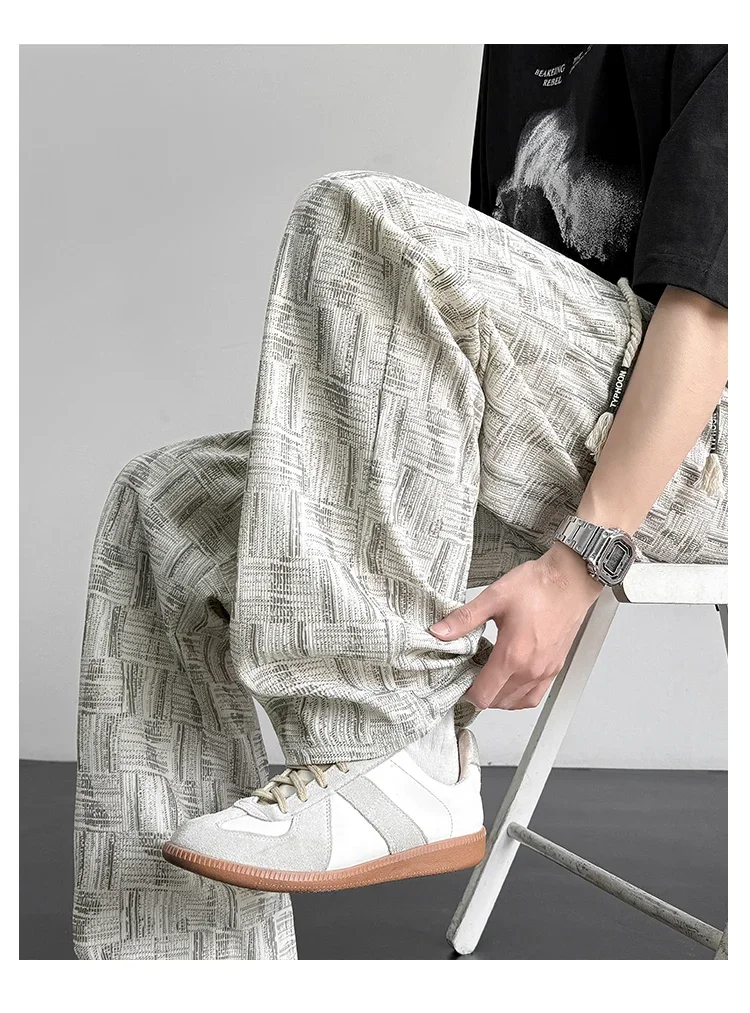 Autumn Man's Jacquard Wide Leg Pants Casual Drawstring Loose Trousers Man Streetwear Hip Hop Straight‑fit Daily Wear Sweatpants