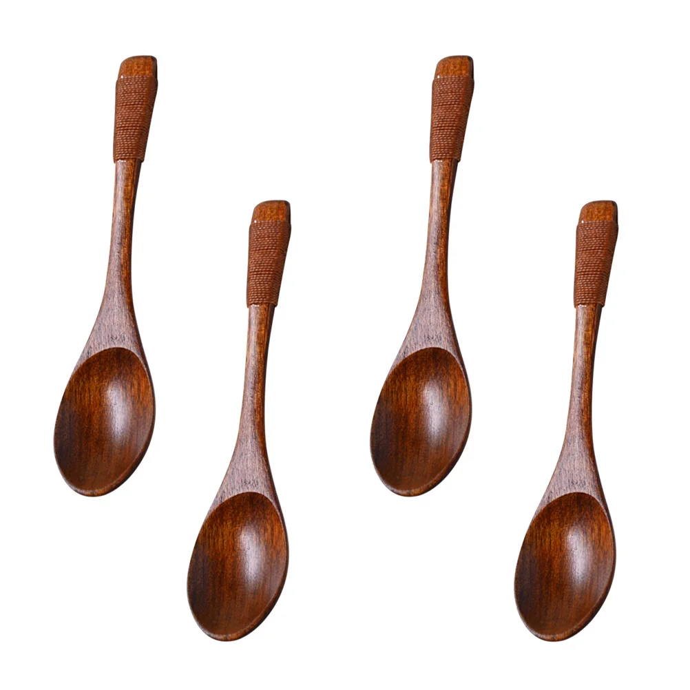 

4PCS Oval Head Design Wooden Kids Soup Spoons Natural Wood Rice Serving Tableware Set with Tied Line on Handle ( )
