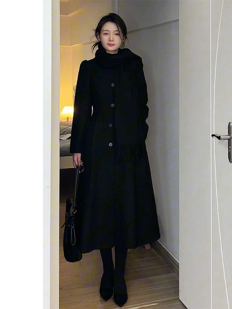 

Ele Long Single-Button Wrap Waist Woolen Coat for Women plus Size Faionable Versatile Spring Autumn Outerwear