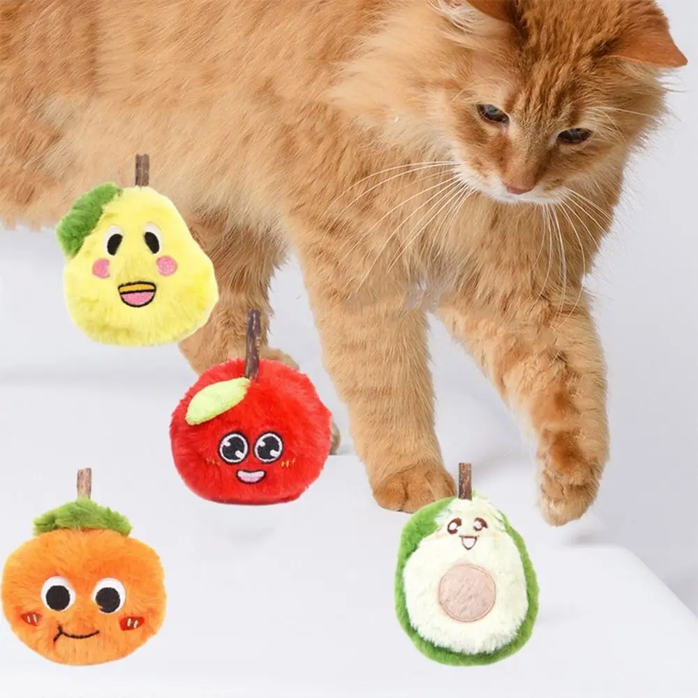 

4Pcs Fruit Shape Cat Chewing Toy Simulation Plush Teeth Grinding Toy Bite Resistant Interactive Cat Toy Relieve Boredom