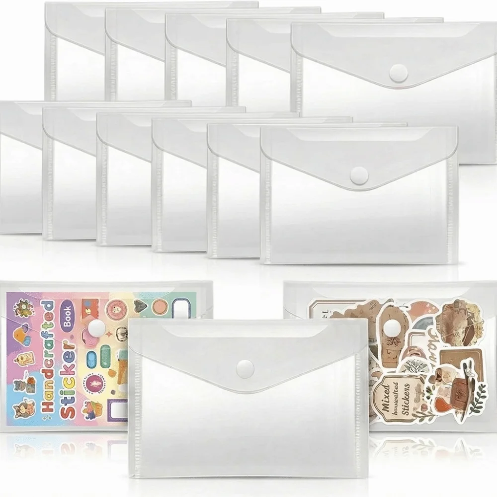 12PCS Waterproof Clear Sticker Organizer Plastic 4 Size Die Storage Pockets Envelopes with Snap Scrapbook Stamp Storage Bag