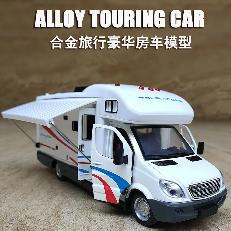 

1:28 Luxury RV Recreational Diecast Vehicles Car Model Camper Van Motorhome Touring Car Model Toy Sound Light Childrens Toy Gift