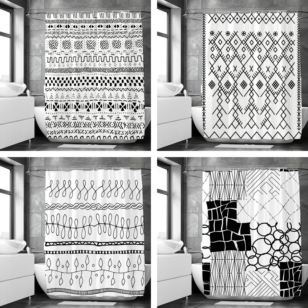 Black and White Simple line Pattern Shower Curtains Bathroom Bathtub Boho Decoration Bath Curtain Home Decor with Hooks