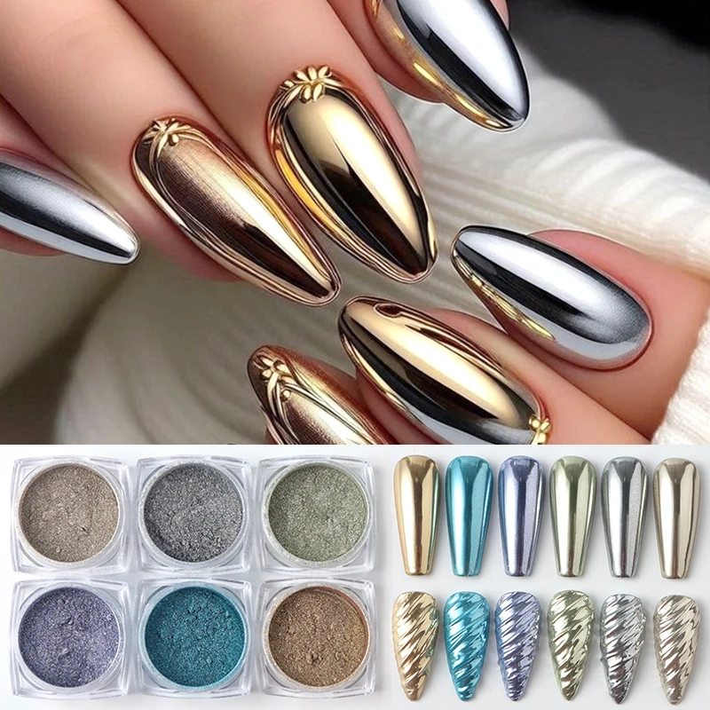 Polvo de uñas cromado dorado, plateado y rosa, espejo metálico de lujo, pigmento para frotar, polvo Y2K, hermosa decoración artística de uñas, 6/12 Uds.