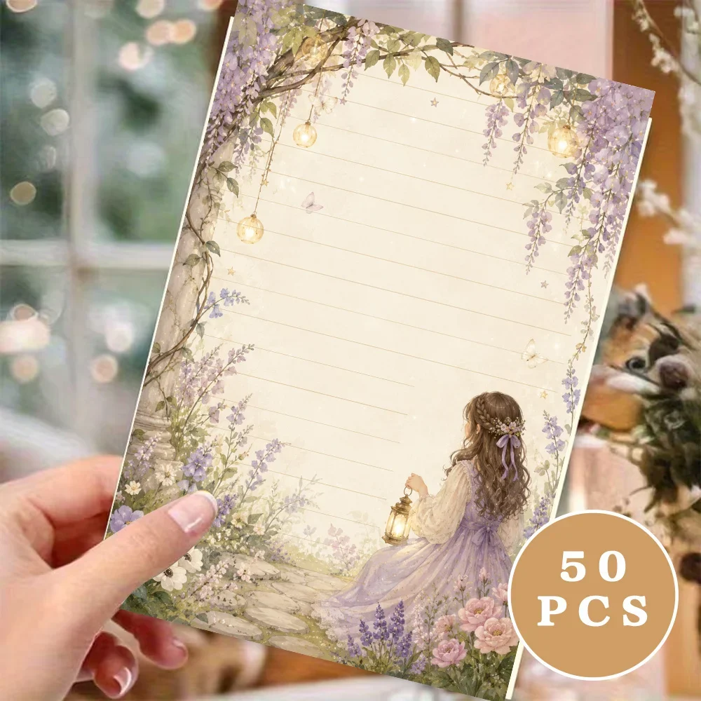 50 Sheets, Purple Floral Girl-themed Writing Paper, Lined, Glue-free, Perfect For Notebooks, Memos, And Stickers