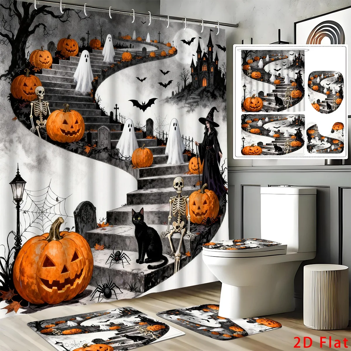 Halloween-Duschvorhang Pinkoween Gothic Vorhang Schwarze Katze Schnelltrocknender Langlebiger Wasserdichter Badvorhang, 12 Haken, 3-teilige Bodenmatte