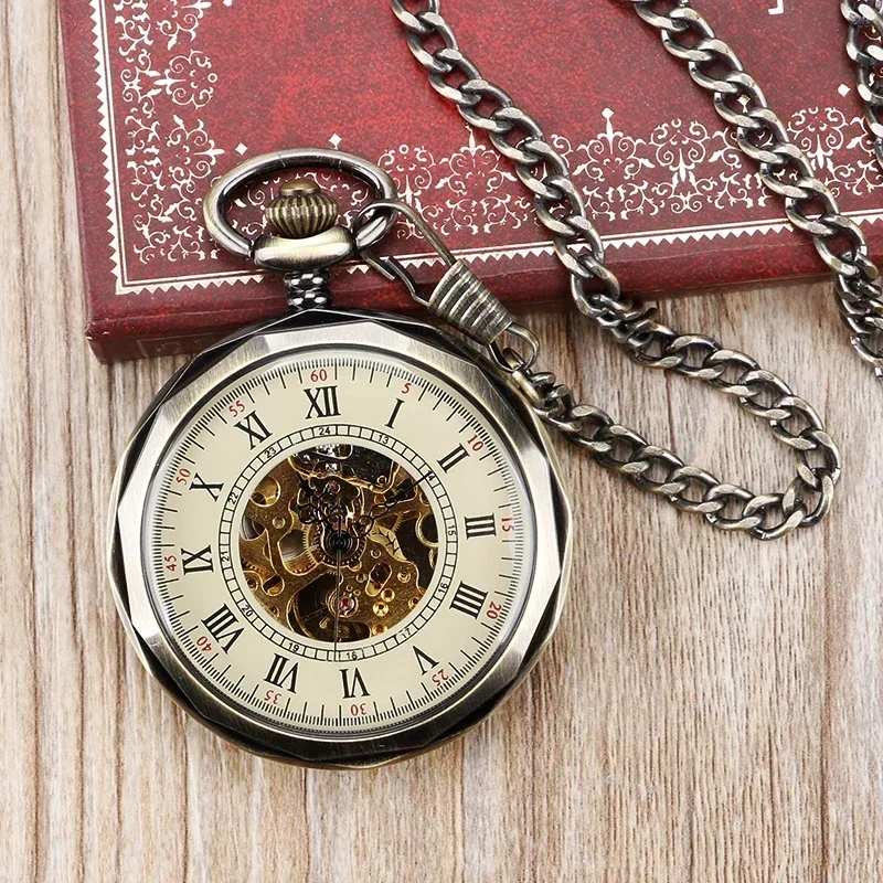 

Steampunk Open Face Clock Men Women Skeleton Hand Winding Mechanical Pocket Watch with Pendant Chain Roman Number Timepiece