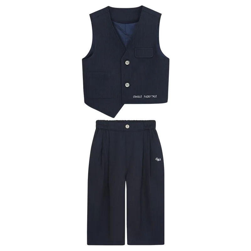 Boys Waistcoat Suit Shirt Tiny Embroidery Tie Loose Pants for Kids Daily Wear Birthday Photo Shoot Casual Light Formal Clothes