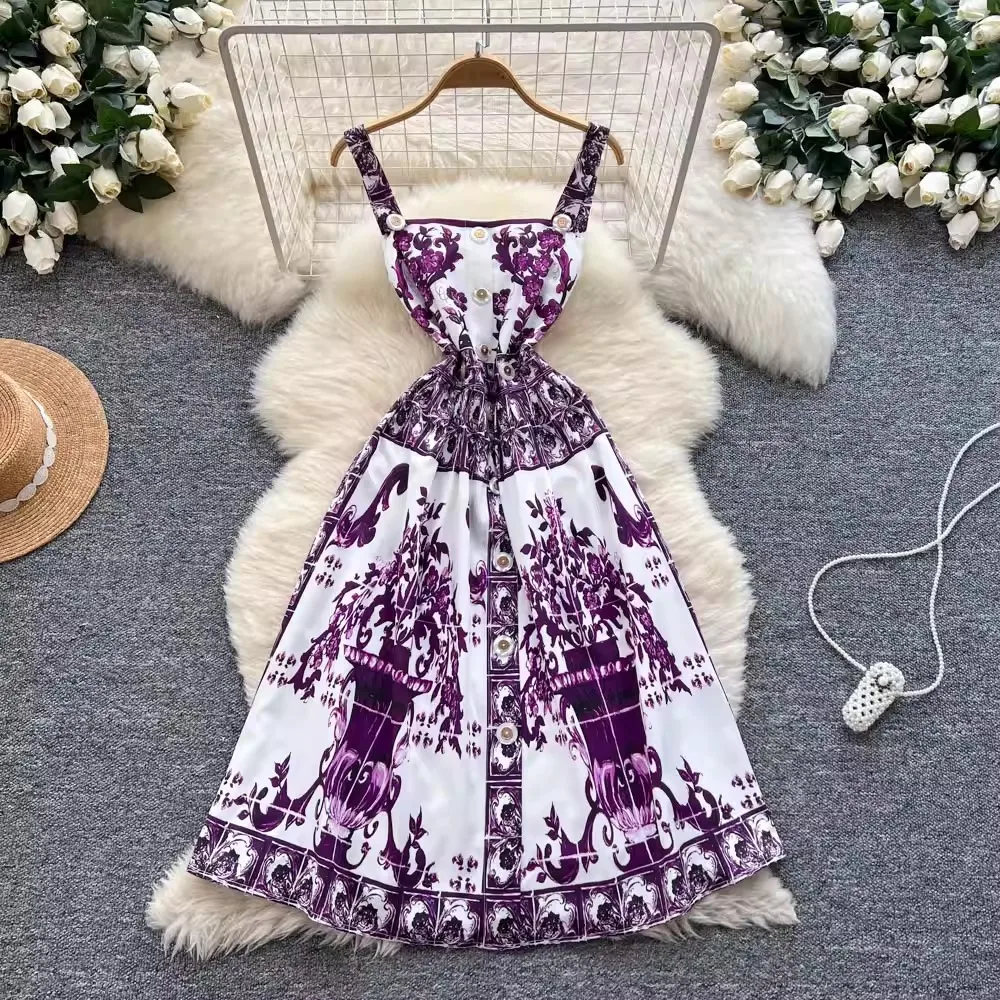 

Summer Holiday Purple Flower Midi Dress Women's Square Collar Spaghetti Strap Buttons Blue and White Porcelain Vacation Dress