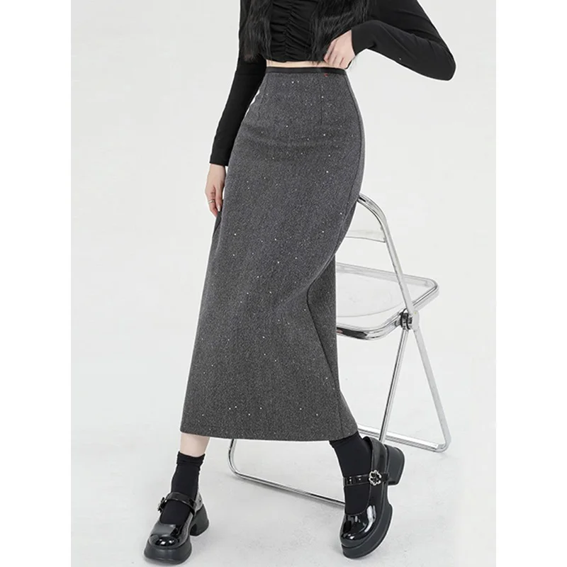 Grey woolen skirt for women autumn Spring high waist temperament slit sparkling sequins straight leg long skirt