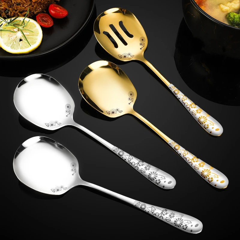 304 Stainless Steel Creative Enlarged Serving Spoon Food Spatula Long Handle Mirror Polishing Colander Gold/Silver Tableware