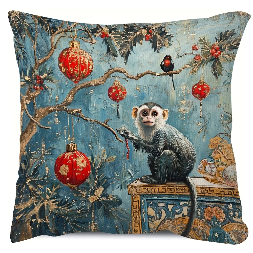 Safari Monkey Christmas Scene Throw Pillow Cover for Sofa Couch Home Decor Festive Holiday Accent Cushion