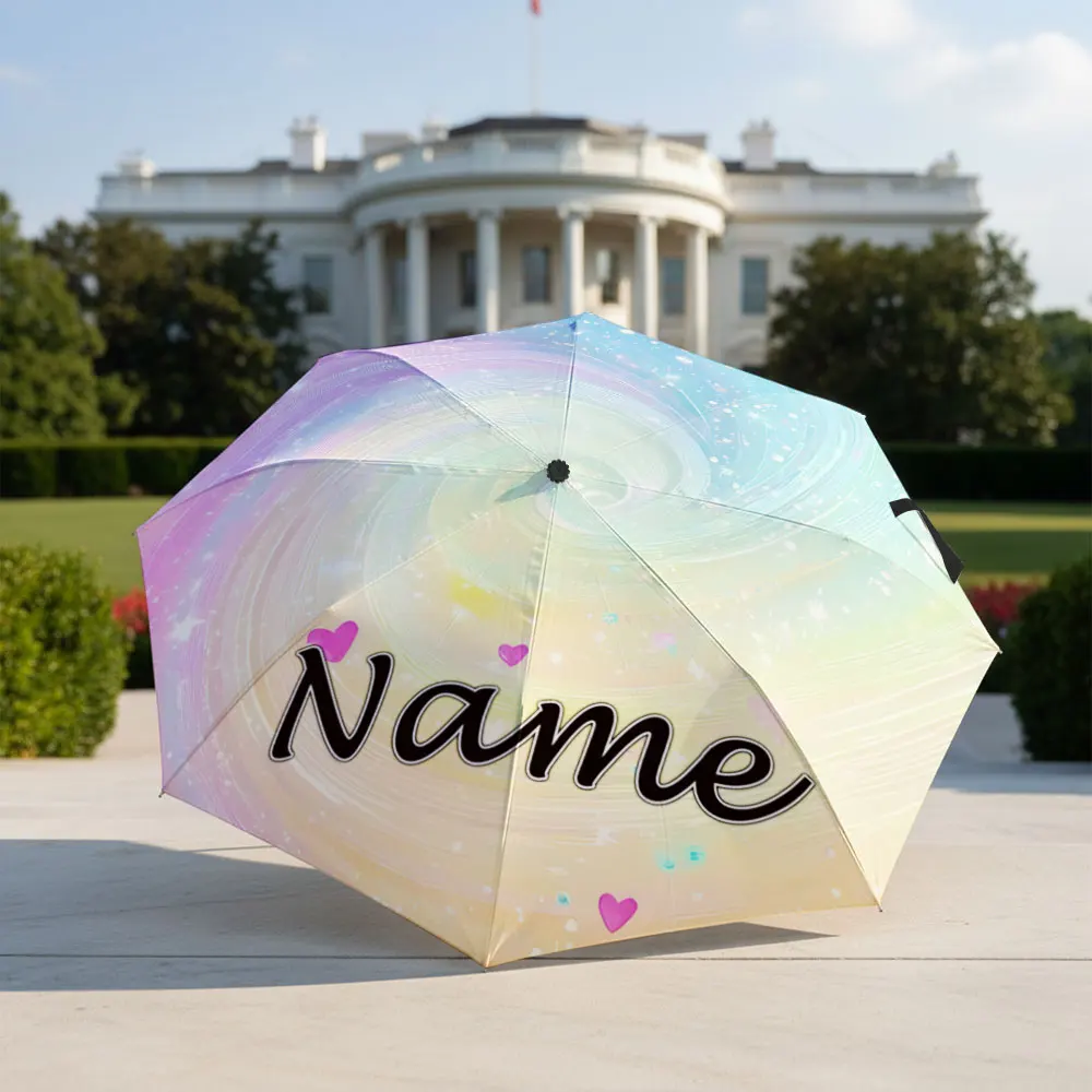 Custom Name, Pastel Rainbow Swirl Galaxy With Hearts And Sparkles Print Folding Umbrella,Portable Travel Parasol For Women Girls