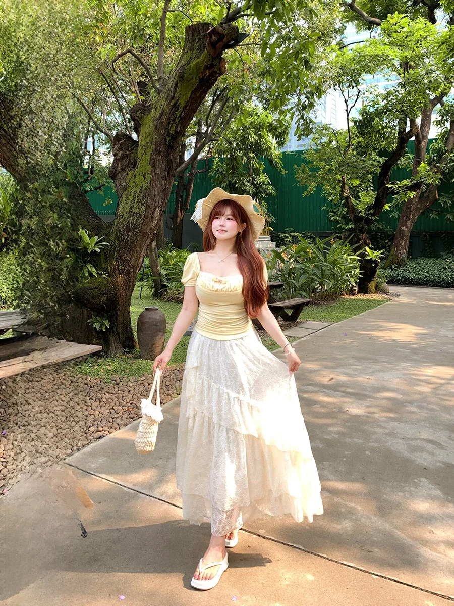 

Sweet Lace Elastic Waist Hem Half Skirt Women's plus Size Slimming Long Skirt IAK Brand Girl's Style Daily Wear A-Line Skirt