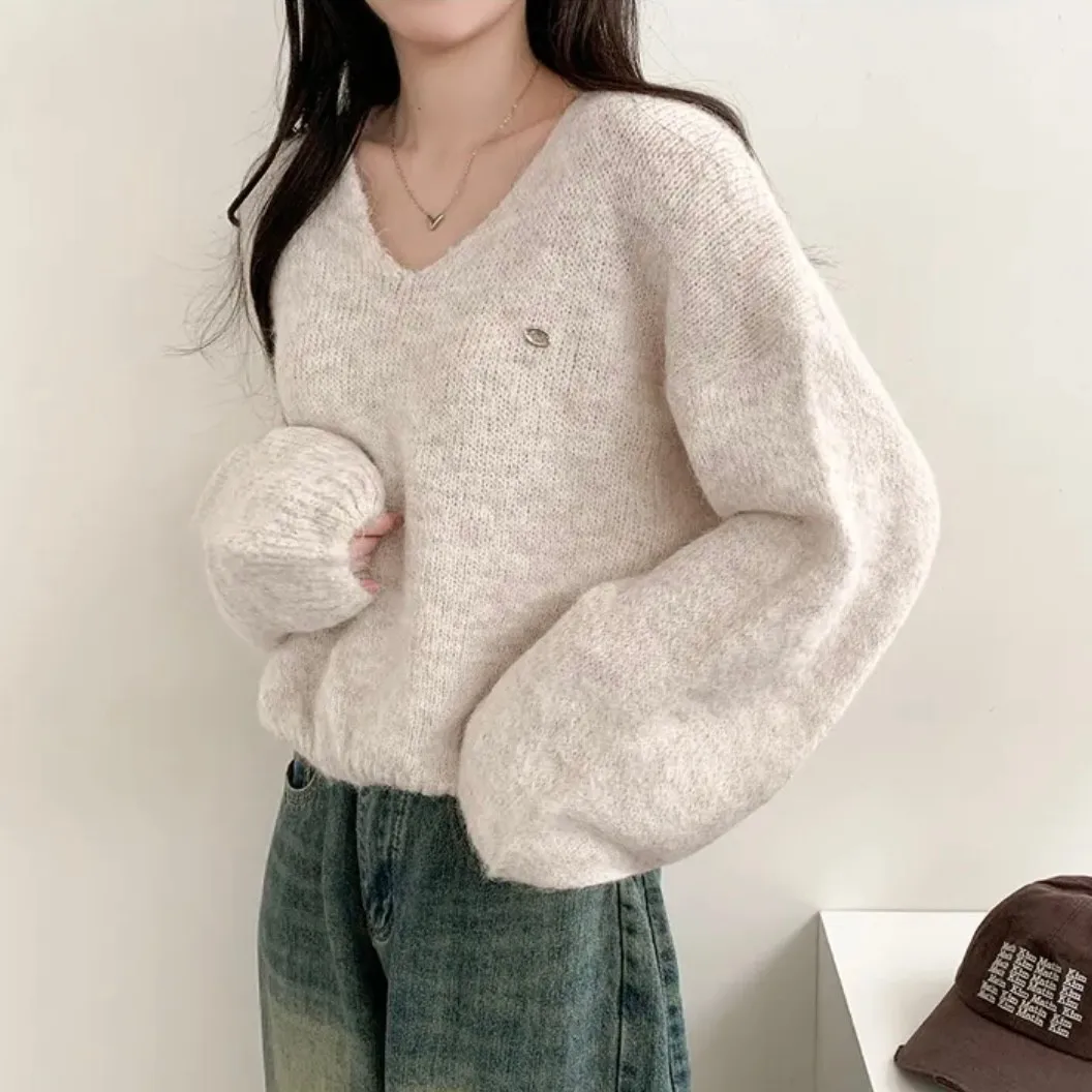 Suéter de Punto Peludo con Cuello en V, Estilo Hoado y Casual para Primavera/Otoño 2025, Versátil, Simple, de Manga Larga y...