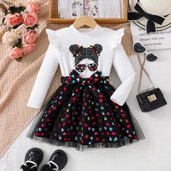 1 set of children's clothing, girls' fashionable autumn set, white cartoon girls' printed mesh pleated skirt patchwork dress