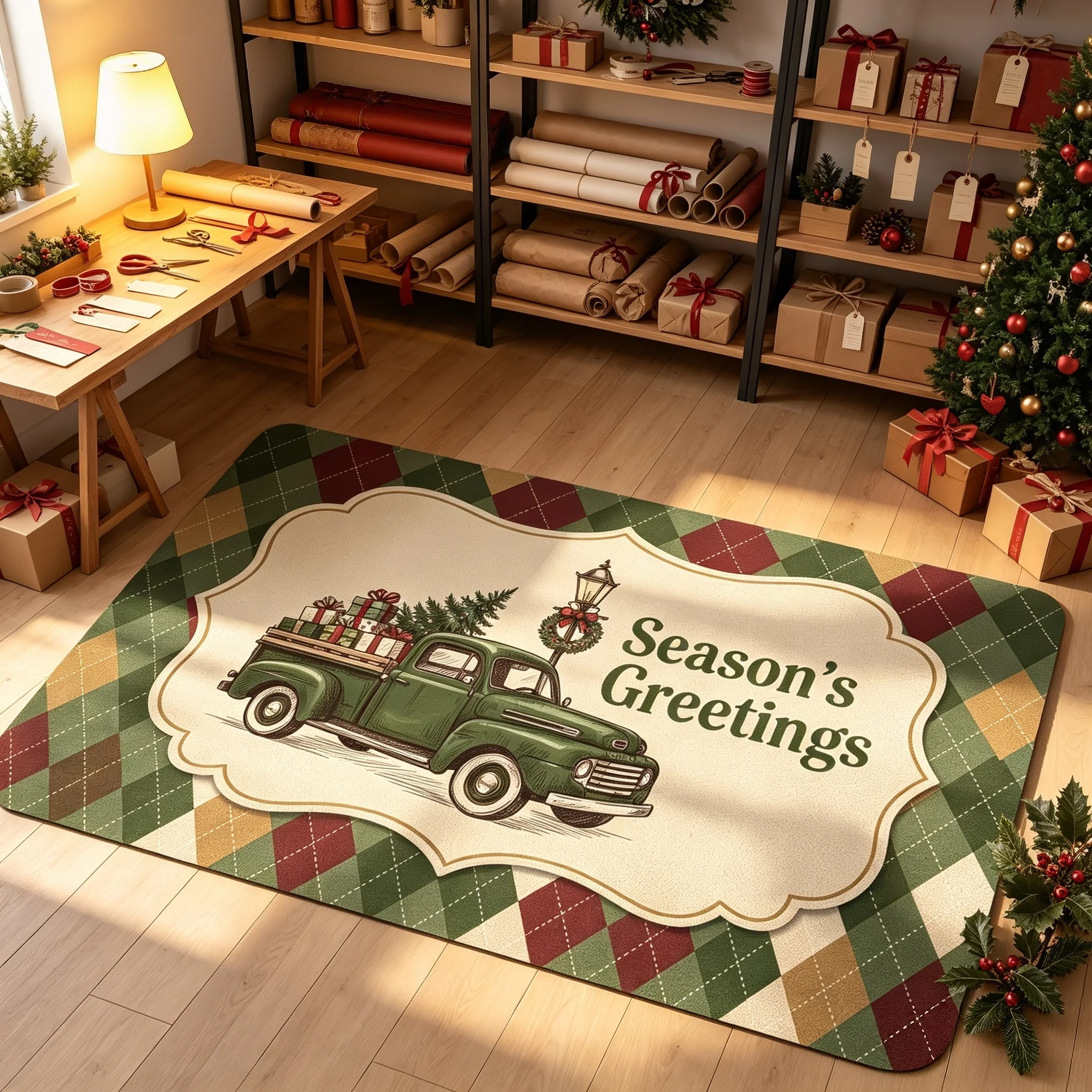 Christmas Argyle Plaid Seasons Greetings Rug Vintage Truck Wreath Pattern Floor Carpet For Entryway Xmas Home Party Decoration