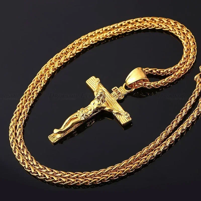 New Religious Jesus Cross Necklace for Men Fashion Gold Color Cross Pendent with Chain Necklace Jewelry Gifts for Men and Women