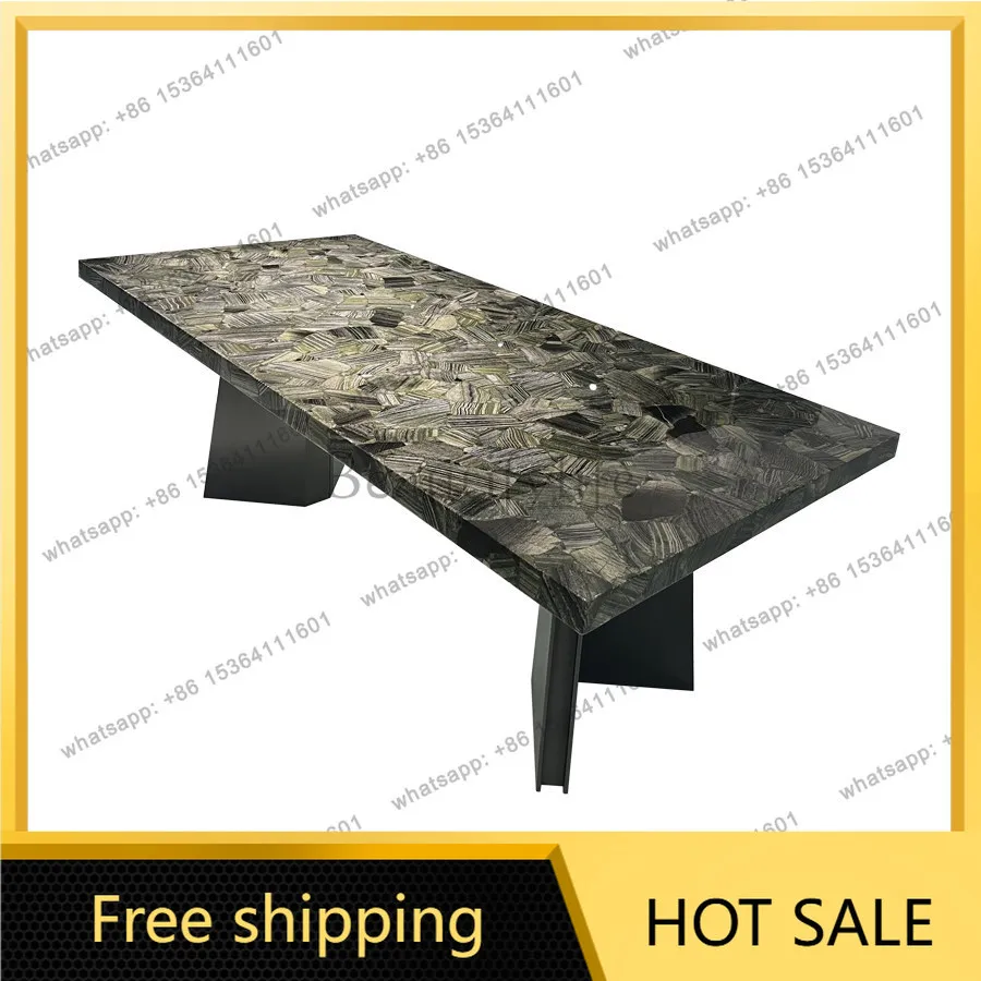 YJ Silver Vein Luxury Stone Dining Table Imported Natural Marble Rectangular High Grade Villa Dinner Table