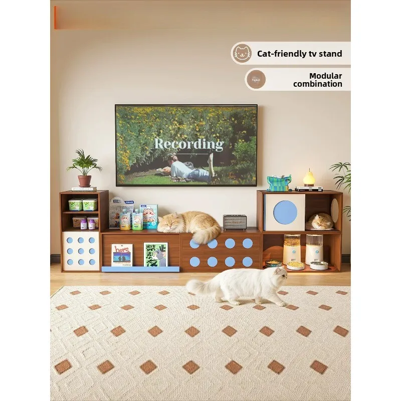 cat TV cabinet, medieval small apartment living room floor-to-ceiling integrated storage cabinet, solid wood against the wall