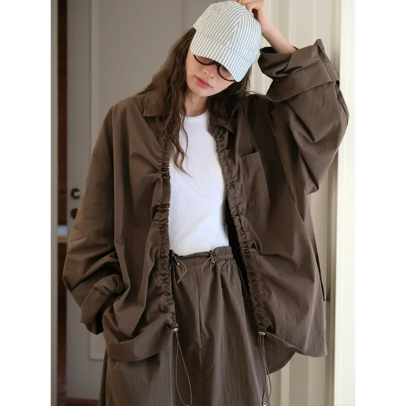 

Placket Drawstring Shirts Coffee Tops Women Loose Korean Style Silhouette Casual Three-dimensional Sense Short Front Long Back