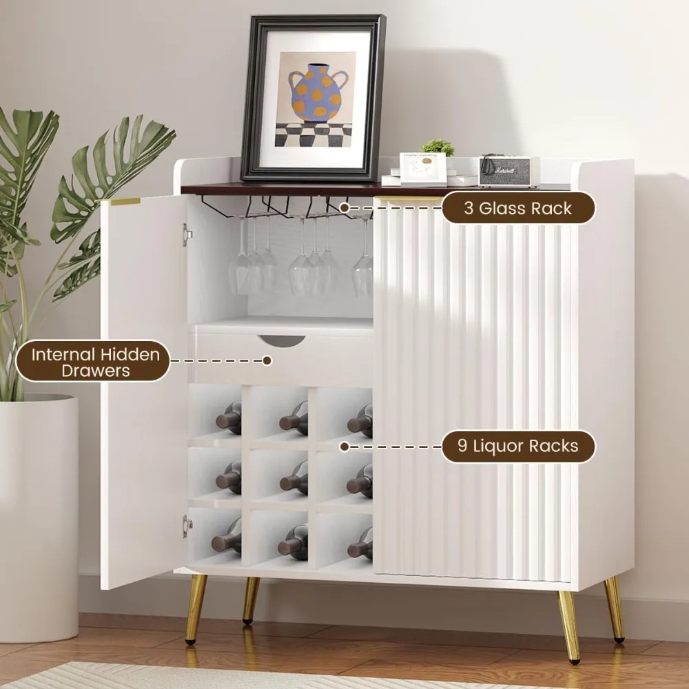 خزانة بار النبيذ على طراز المزرعة مع أبواب مخددة وحوامل زجاجية ورف قابل للإزالة لتخزين القهوة الحديثة #6