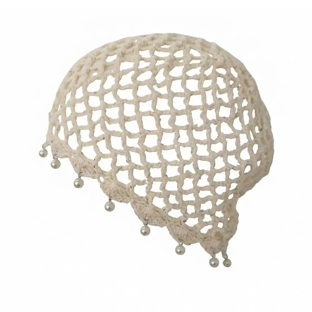 

Casual Hollowed Out Woven Pullover Hats Crochet Pearl Fringed Knitted Hat Breathable Retro Beanies Cap or Women Summer