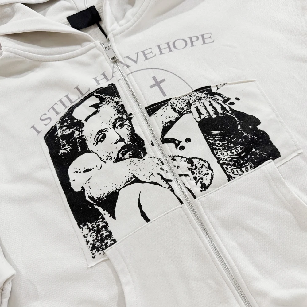 Vintage Saint Art Graphic Zip Up Hoodies Streetwear Heavy Weight Cotton Distressed Hiphop Street Style Casual Zipper Sweatshirts